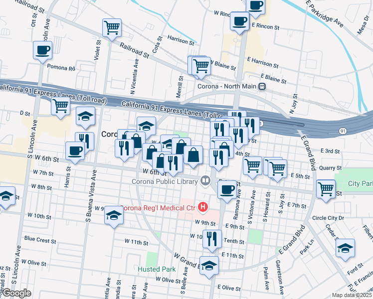 map of restaurants, bars, coffee shops, grocery stores, and more near 408 South Sheridan Street in Corona