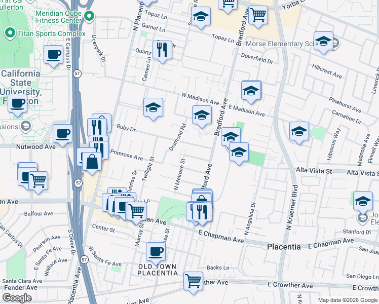 map of restaurants, bars, coffee shops, grocery stores, and more near 201 Orange Grove Avenue in Placentia