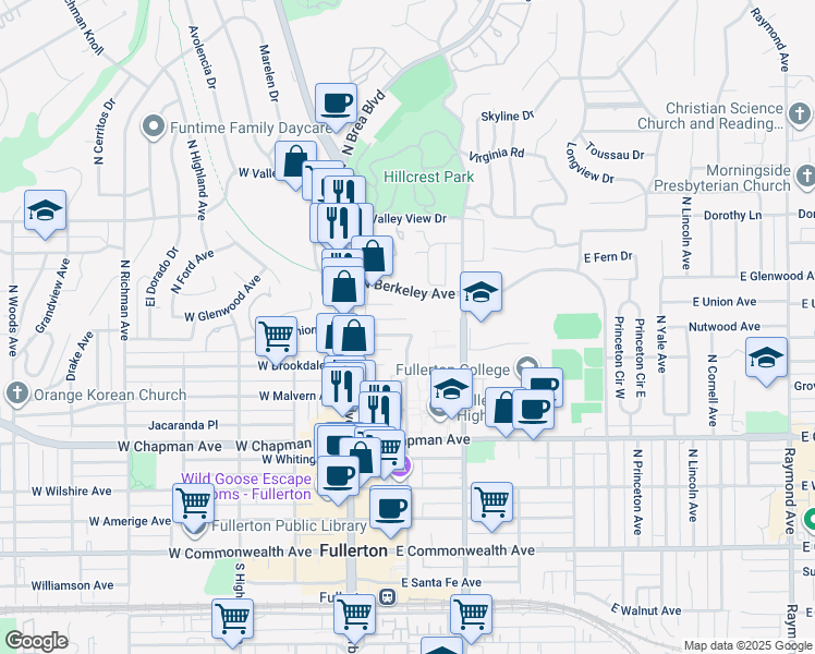 map of restaurants, bars, coffee shops, grocery stores, and more near 139 East Union Avenue in Fullerton