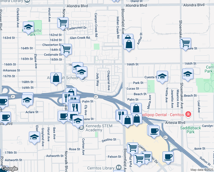 map of restaurants, bars, coffee shops, grocery stores, and more near 16905 Chaparral Avenue in Cerritos