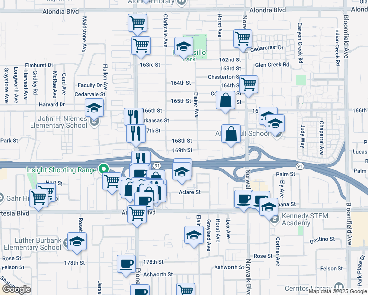 map of restaurants, bars, coffee shops, grocery stores, and more near 11933 169th Street in Artesia