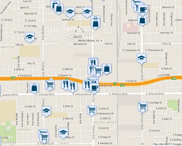map of restaurants, bars, coffee shops, grocery stores, and more near 6760 Cherry Avenue in Long Beach