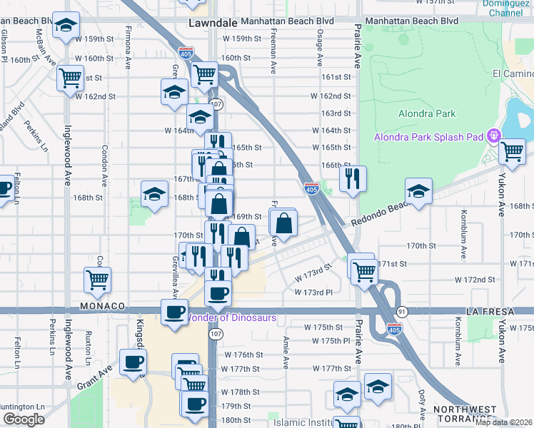 map of restaurants, bars, coffee shops, grocery stores, and more near 4230 169th Street in Lawndale