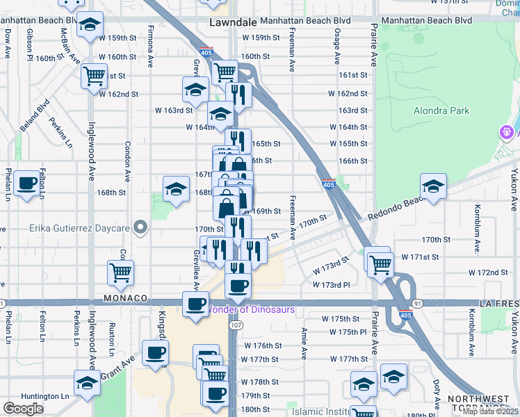 map of restaurants, bars, coffee shops, grocery stores, and more near 4332 West 169th Street in Lawndale