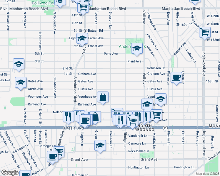 map of restaurants, bars, coffee shops, grocery stores, and more near 2016 Curtis Avenue in Redondo Beach