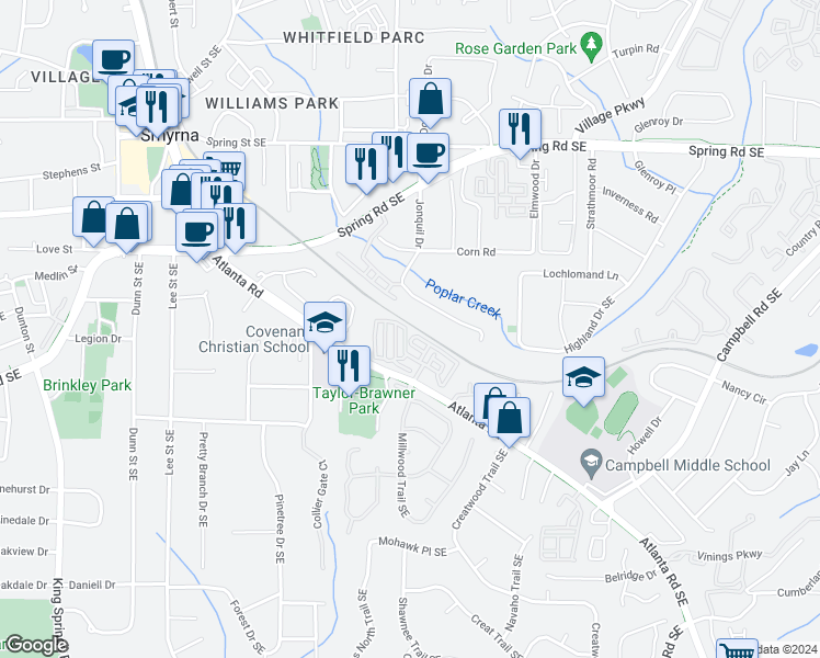 map of restaurants, bars, coffee shops, grocery stores, and more near 904 Vinings Forest Lane in Smyrna