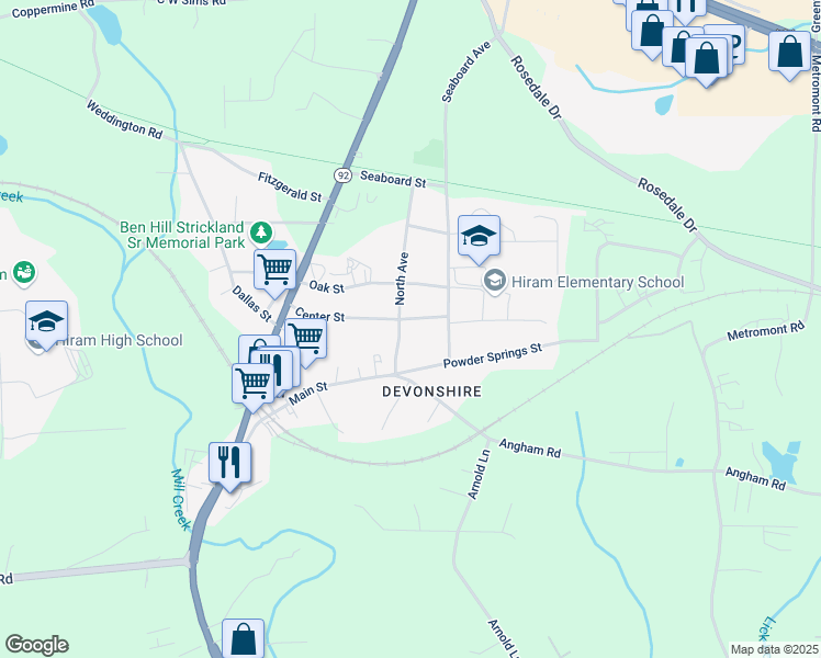 map of restaurants, bars, coffee shops, grocery stores, and more near 110 North Avenue in Hiram