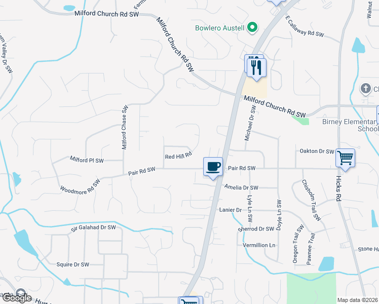 map of restaurants, bars, coffee shops, grocery stores, and more near 1367 Red Hill Road in Marietta