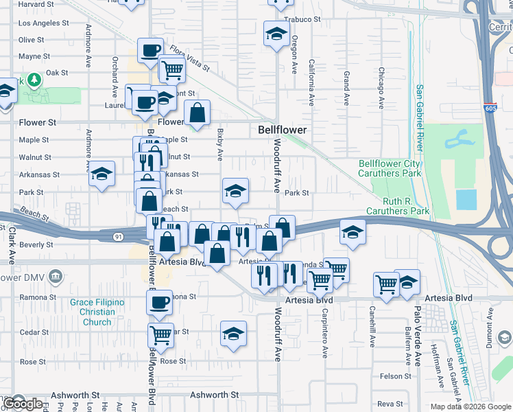 map of restaurants, bars, coffee shops, grocery stores, and more near 10103 Beach Street in Bellflower