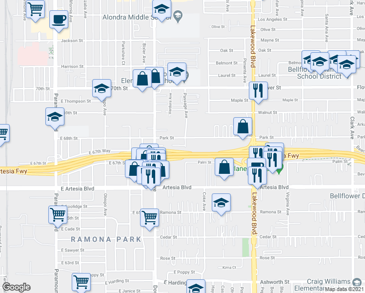 map of restaurants, bars, coffee shops, grocery stores, and more near 17119 Passage Avenue in Bellflower