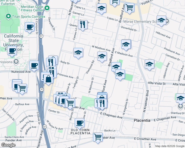 map of restaurants, bars, coffee shops, grocery stores, and more near 201 Orange Grove Avenue in Placentia