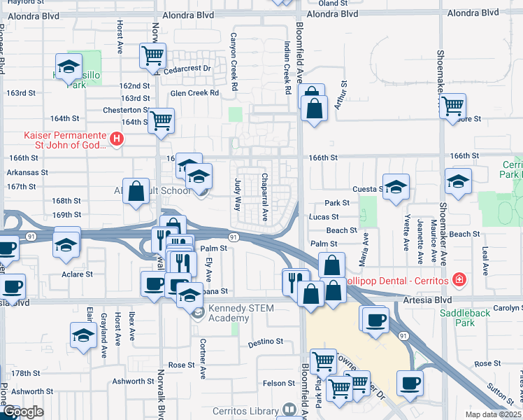 map of restaurants, bars, coffee shops, grocery stores, and more near 16839 Chaparral Avenue in Cerritos