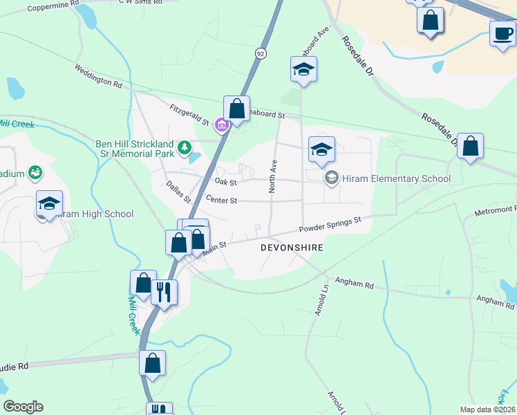 map of restaurants, bars, coffee shops, grocery stores, and more near 208 Center Street in Hiram