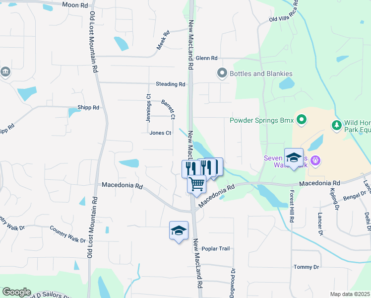 map of restaurants, bars, coffee shops, grocery stores, and more near 3130 New Macland Road in Powder Springs