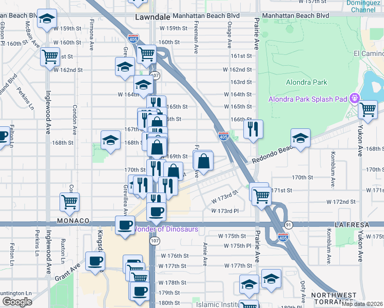 map of restaurants, bars, coffee shops, grocery stores, and more near 4230 169th Street in Lawndale