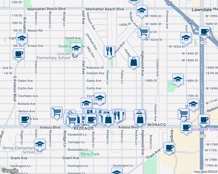 map of restaurants, bars, coffee shops, grocery stores, and more near 2501 Curtis Avenue in Redondo Beach