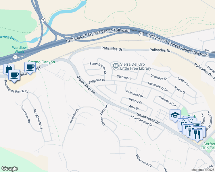 map of restaurants, bars, coffee shops, grocery stores, and more near 3521 Grey Bull Lane in Corona