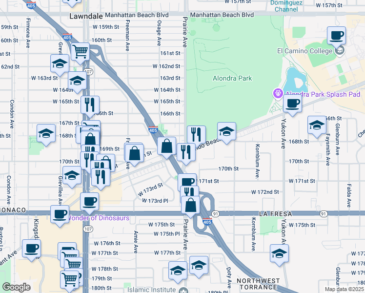 map of restaurants, bars, coffee shops, grocery stores, and more near 16809 Prairie Avenue in Lawndale