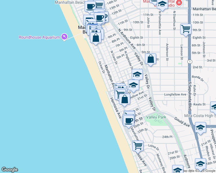 map of restaurants, bars, coffee shops, grocery stores, and more near 108 The Strand in Manhattan Beach