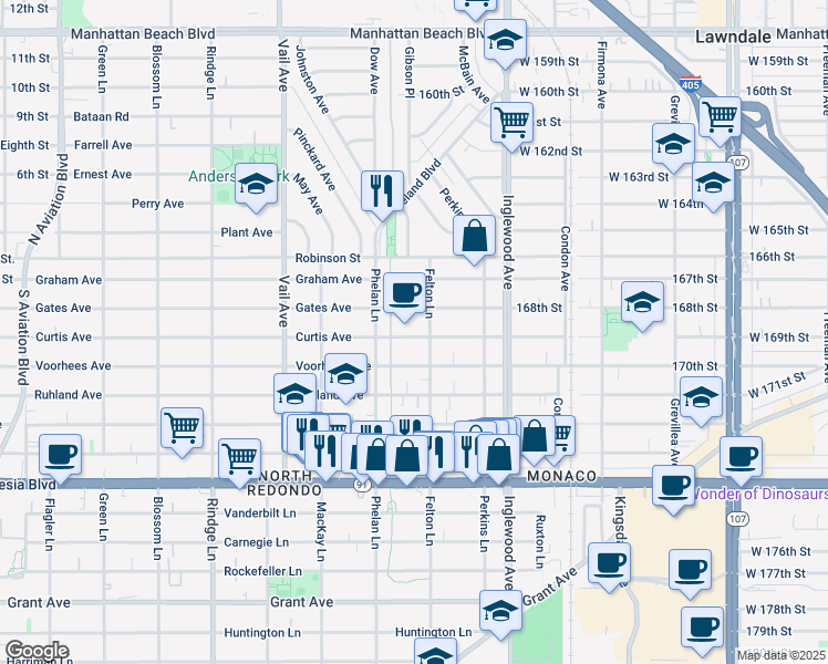 map of restaurants, bars, coffee shops, grocery stores, and more near 2517 Curtis Avenue in Redondo Beach