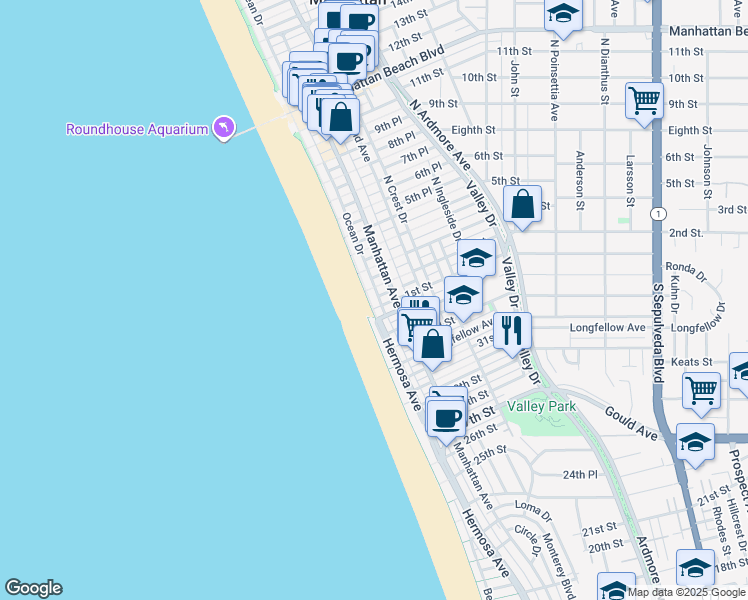 map of restaurants, bars, coffee shops, grocery stores, and more near 108 The Strand in Manhattan Beach