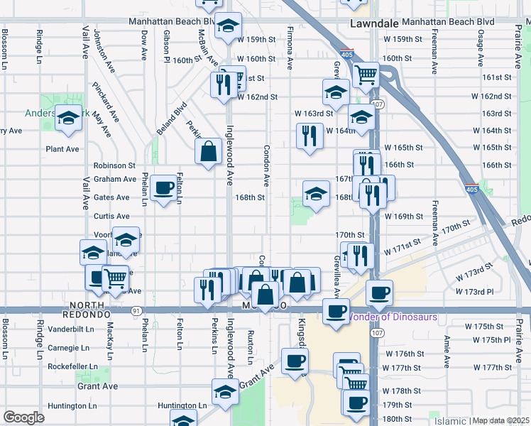map of restaurants, bars, coffee shops, grocery stores, and more near 4703 West 169th Street in Lawndale