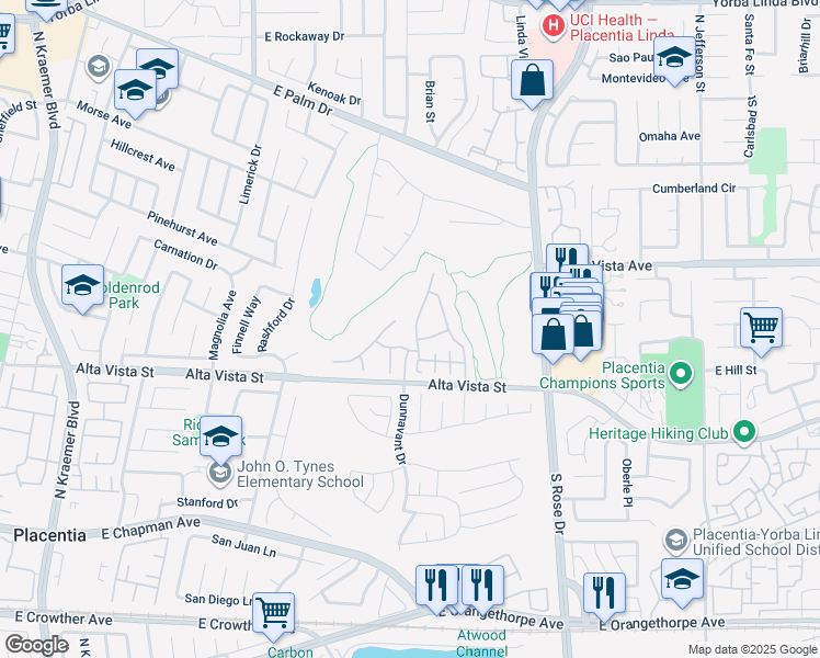 map of restaurants, bars, coffee shops, grocery stores, and more near 713 North Ziegler Way in Placentia