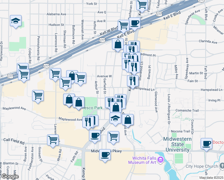 map of restaurants, bars, coffee shops, grocery stores, and more near 3406 Grant Street in Wichita Falls