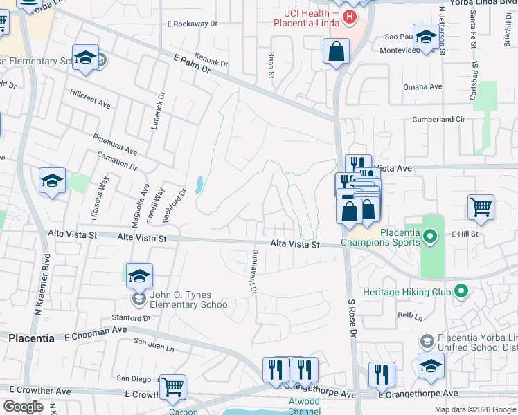 map of restaurants, bars, coffee shops, grocery stores, and more near 713 North Ziegler Way in Placentia