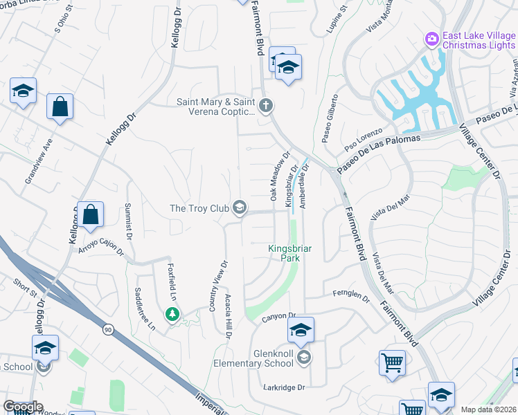 map of restaurants, bars, coffee shops, grocery stores, and more near 19701 Parkview Terrace in Yorba Linda