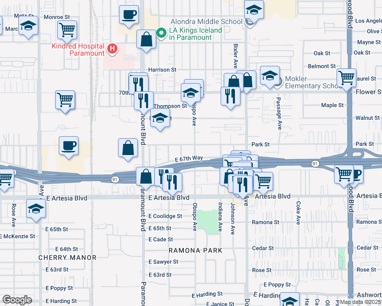map of restaurants, bars, coffee shops, grocery stores, and more near 6759 Obispo Avenue in Long Beach
