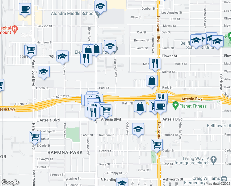 map of restaurants, bars, coffee shops, grocery stores, and more near 17144 Passage Avenue in Bellflower