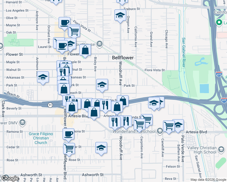 map of restaurants, bars, coffee shops, grocery stores, and more near 10123 Beach Street in Bellflower