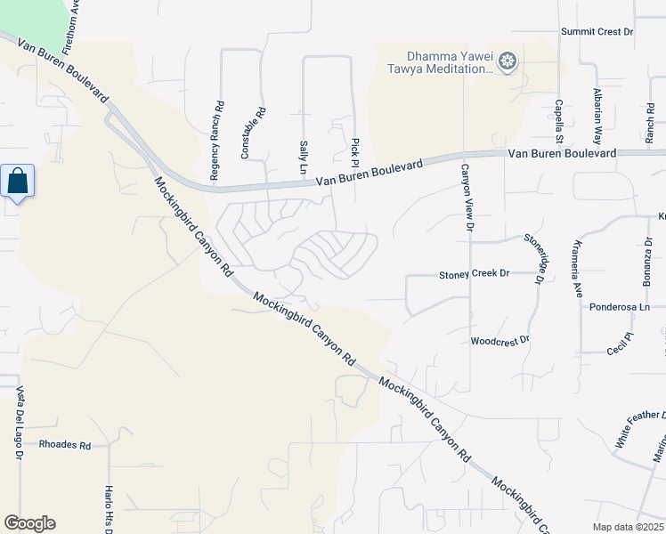 map of restaurants, bars, coffee shops, grocery stores, and more near 15181 Van Buren Boulevard in Riverside