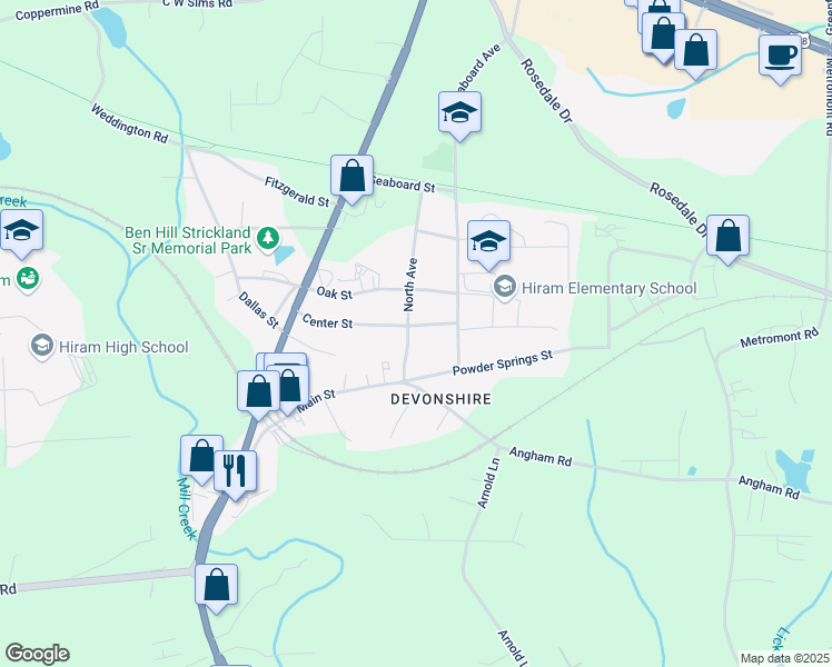 map of restaurants, bars, coffee shops, grocery stores, and more near 110 North Avenue in Hiram