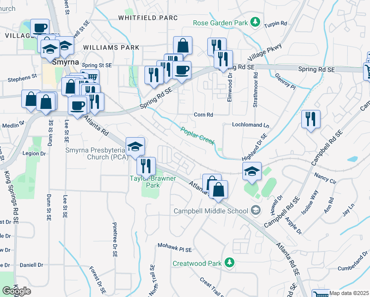 map of restaurants, bars, coffee shops, grocery stores, and more near 3080 Jonquil Drive in Smyrna