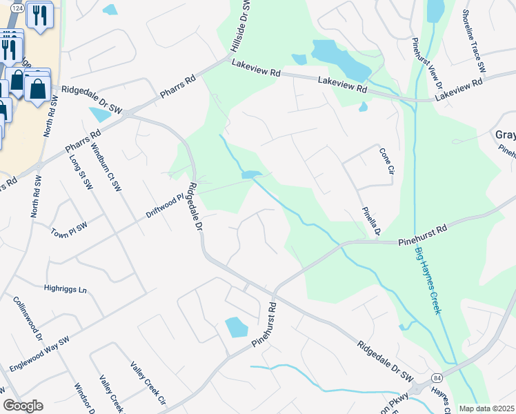 map of restaurants, bars, coffee shops, grocery stores, and more near 1605 Little Lisa Lane in Snellville