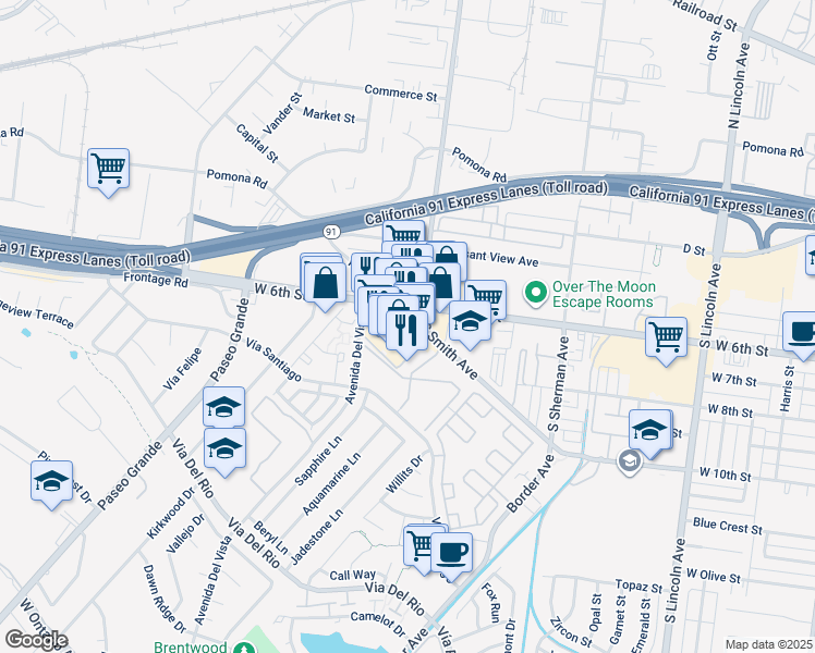 map of restaurants, bars, coffee shops, grocery stores, and more near 1520 West 6th Street in Corona