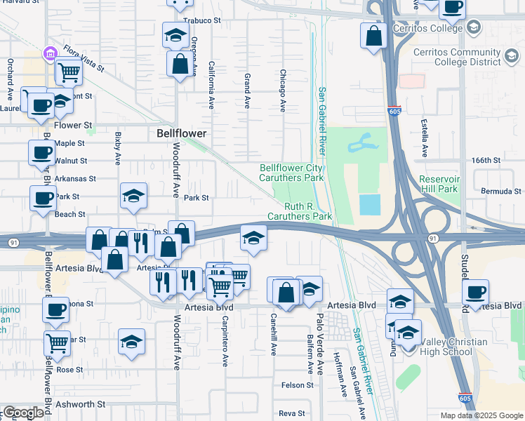 map of restaurants, bars, coffee shops, grocery stores, and more near 10427 Beach Street in Bellflower