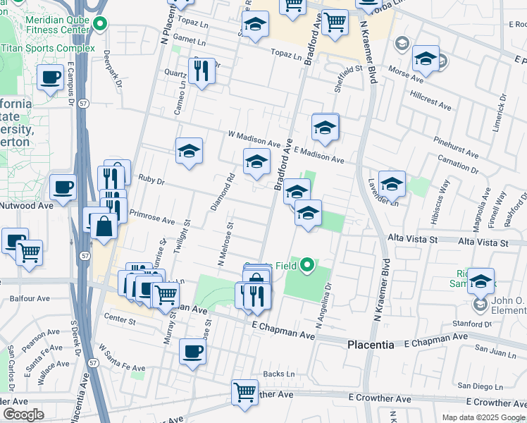 map of restaurants, bars, coffee shops, grocery stores, and more near 110 Ruby Drive in Placentia