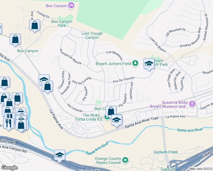 map of restaurants, bars, coffee shops, grocery stores, and more near 5515 Camino Tecate in Yorba Linda