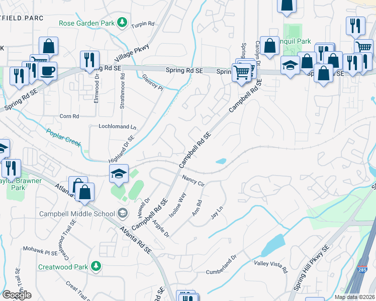 map of restaurants, bars, coffee shops, grocery stores, and more near 2162 Goodwood Boulevard Southeast in Smyrna
