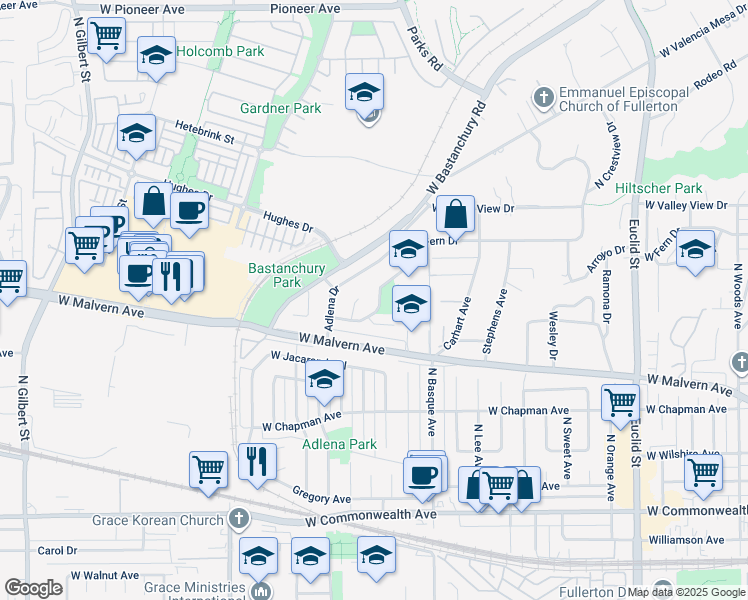map of restaurants, bars, coffee shops, grocery stores, and more near 1613 West Fern Drive in Fullerton