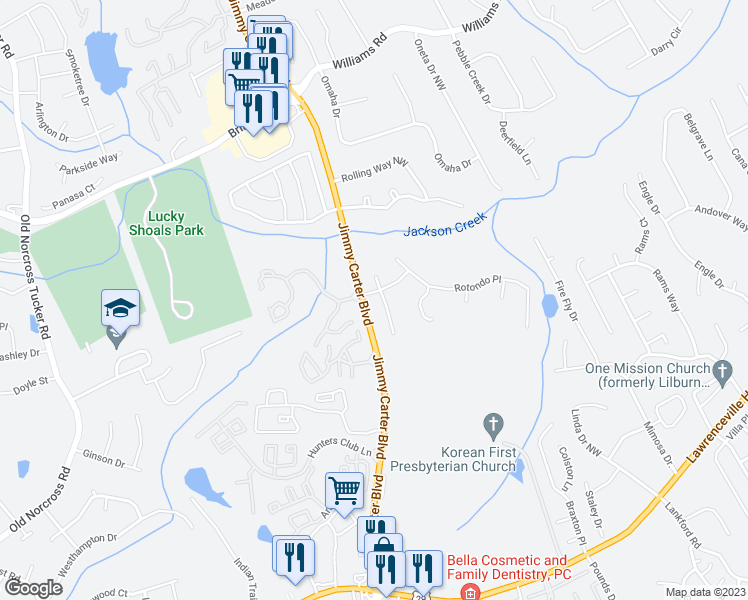 map of restaurants, bars, coffee shops, grocery stores, and more near 571 Villa Court Northwest in Norcross