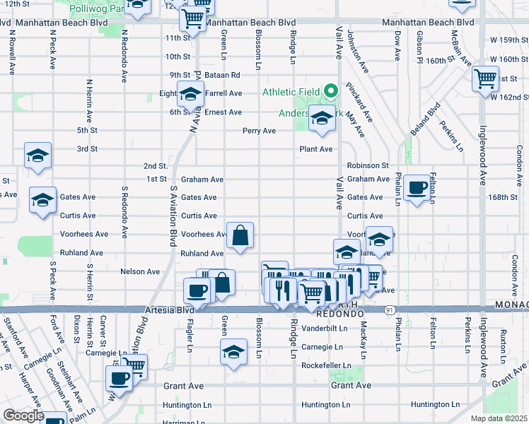 map of restaurants, bars, coffee shops, grocery stores, and more near 2103 Curtis Avenue in Redondo Beach