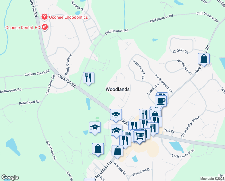 map of restaurants, bars, coffee shops, grocery stores, and more near 1100 The Woodland in Watkinsville