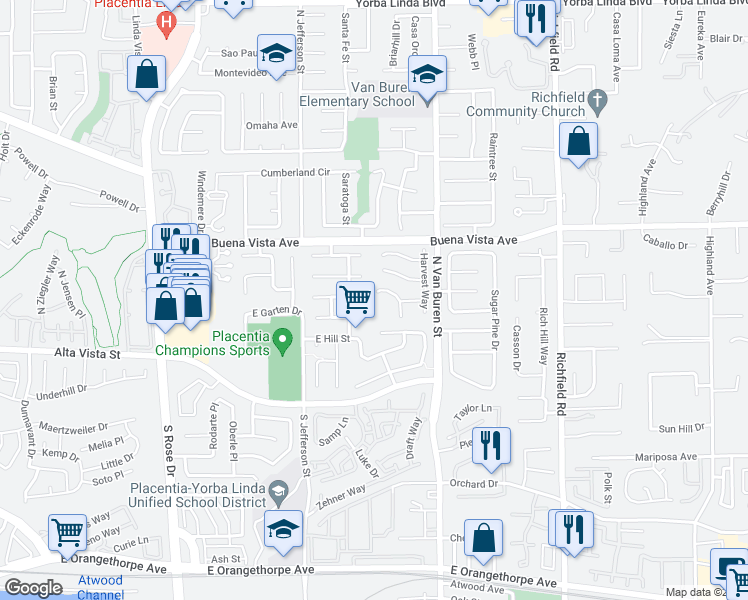 map of restaurants, bars, coffee shops, grocery stores, and more near 17200 Growers Circle in Yorba Linda