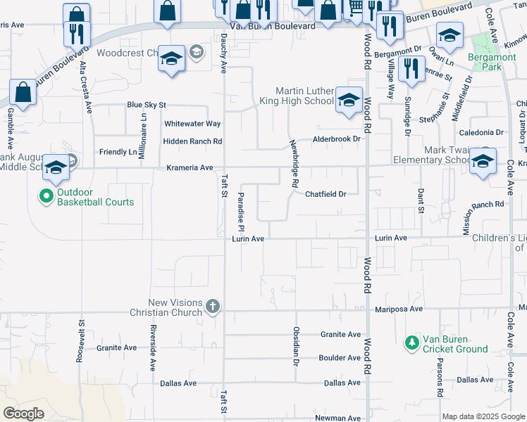 map of restaurants, bars, coffee shops, grocery stores, and more near 9532 Orleans Avenue in Riverside