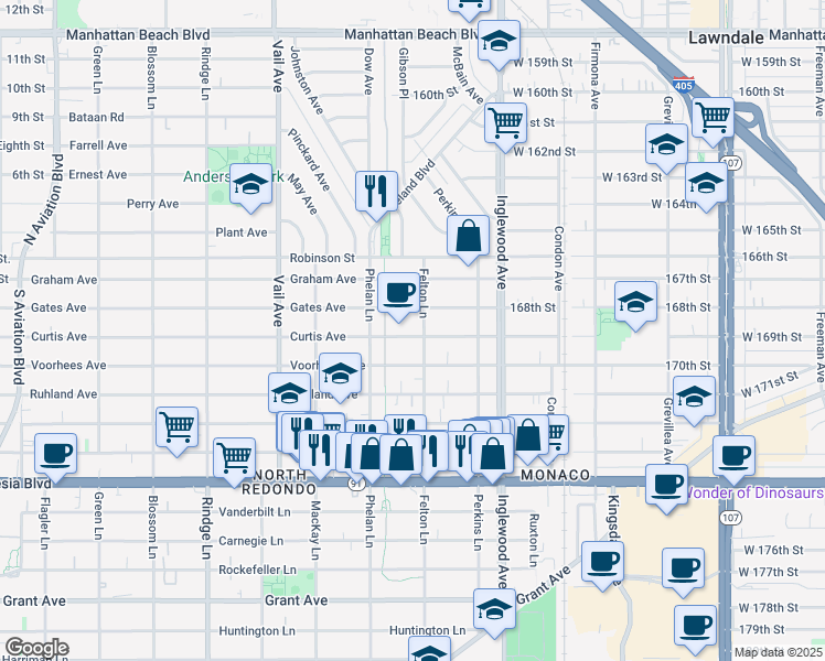 map of restaurants, bars, coffee shops, grocery stores, and more near 2516 Curtis Avenue in Redondo Beach