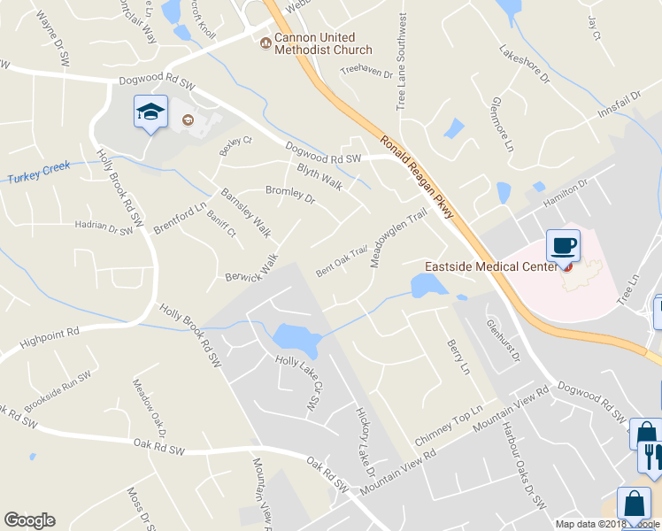 map of restaurants, bars, coffee shops, grocery stores, and more near 2522 Bent Oak Trail in Snellville